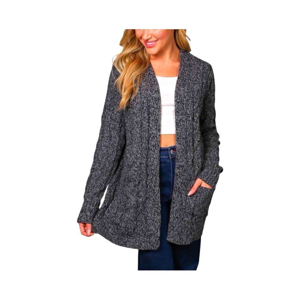 Be Fabulous Cable Knit Cardigan XS Gray Black Open Front Longline Pocket Sweater